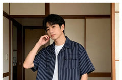 Oversized Striped Cuban-Collar Shirt with Dual-Pocket