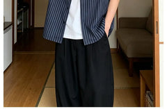Oversized Striped Cuban-Collar Shirt with Dual-Pocket