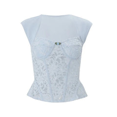 Set: Cap-Sleeve Sweetheart-Neckline Fishbone Lace Top + Mid Rise Mini A-Line Skirt