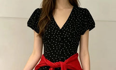 Puff Sleeve V-Neck Polka Dot Slim-Fit Mini A-Line Dress