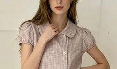 Puff Sleeve Doll Collar Plaid Loose-Fit Blouse