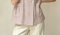 Puff Sleeve Doll Collar Plaid Loose-Fit Blouse