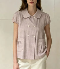Puff Sleeve Doll Collar Plaid Loose-Fit Blouse