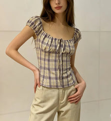 Cap Sleeve Scoop Neck Plaid Tie-Front Slim-Fit Blouse