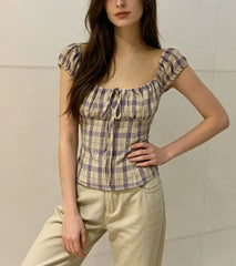 Cap Sleeve Scoop Neck Plaid Tie-Front Slim-Fit Blouse