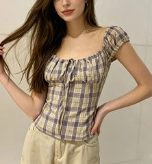 Cap Sleeve Scoop Neck Plaid Tie-Front Slim-Fit Blouse