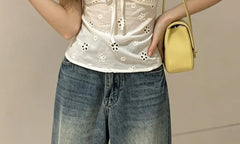 Puff Sleeve V-Neck Plaid Tie-Front Slim-Fit Blouse