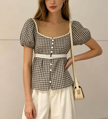 Short Sleeve Square Neck Lace Panel Slim-Fit Blouse