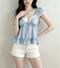 Cap Sleeve V-Neck Lace-Trim Ruffled-Hem Slim-Fit Blouse