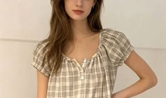 Puff Sleeve Scoop Neck Plaid Loose-Fit Blouse