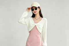 V-Neck Plain Pom Pom Cropped Blouse / Spaghetti Strap Bow Front Slit Mini A-Line Dress