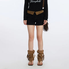 High Waist Color-Block Fringe Shorts