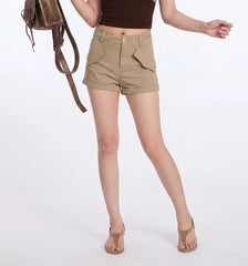 High Waist Plain Slim-Fit Cargo Shorts