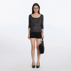 Elbow Sleeve Scoop Neck Polka Dot Slim-Fit T-Shirt
