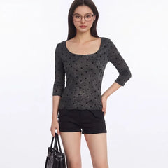 Elbow Sleeve Scoop Neck Polka Dot Slim-Fit T-Shirt