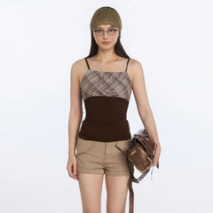 Square-Neck Plaid Color-Block Slim-Fit Camisole Top