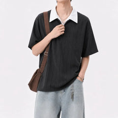 Mock Two-Piece Short-Sleeve Contrast Collar Half-Zip Polo Shirt