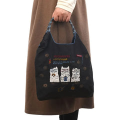 Cat Water Repellent Embroidery Tote Bag M Size Black