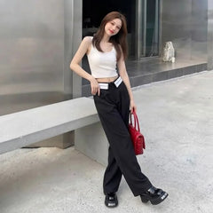 High-Waist Contrast Trim Wide-Leg Dress Pants