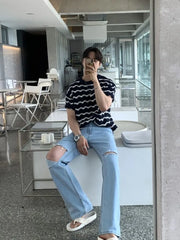Short-Sleeve Crewneck Wavy Stripe Knit Top