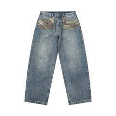 Washed Camouflage-Panel Straight-Cut Jeans