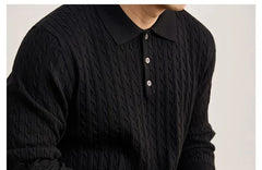 Long-Sleeve Cable Knit Plain Polo Shirt