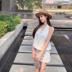 Set: Sleeveless V-Neck Plain Top + Mini Skirt