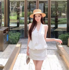Set: Sleeveless V-Neck Plain Top + Mini Skirt