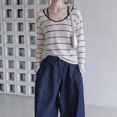 Set: Long-Sleeve Striped Top + Halter Neck Crop Top