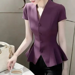 Short-Sleeve V-Neck Plain Button Up Blouse