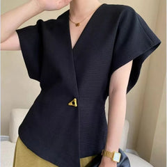 Short-Sleeve V-Neck Plain Single Button Blouse