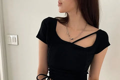 Short-Sleeve Square Neck Plain Ruched Crop T-Shirt