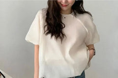 Puff Sleeve Round Neck Plain Blouse