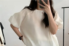 Puff Sleeve Round Neck Plain Blouse