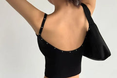 Spaghetti Strap Scoop Neck Studded Plain Crop Camisole Top