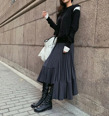 High Waist Asymmetrical Plain Accordion Pleat Midi A-Line Skirt