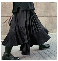 High Waist Asymmetrical Plain Accordion Pleat Midi A-Line Skirt