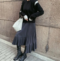 High Waist Asymmetrical Plain Accordion Pleat Midi A-Line Skirt