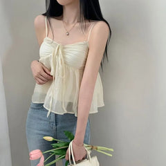 Spaghetti Strap Tie-Front Ruched See-Through Mesh Crop Cami Top