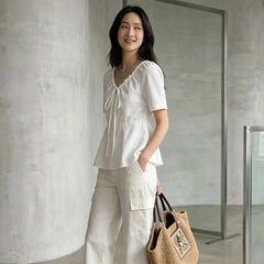 Short Sleeve V-Neck Drawstring Plain Slim-Fit Blouse