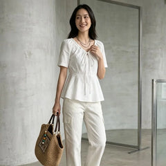 Short Sleeve V-Neck Drawstring Plain Slim-Fit Blouse