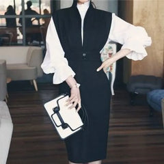 Balloon-Sleeve Blouse / Sleeveless Sheath Dress