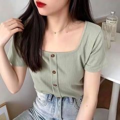Square-Neck Short-Sleeve Button-Up Ribbed Top