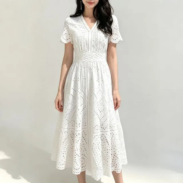 Eyelet Lace Short-Sleeve Midi A-Line Dress