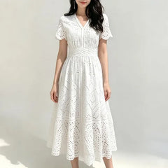 Eyelet Lace Short-Sleeve Midi A-Line Dress
