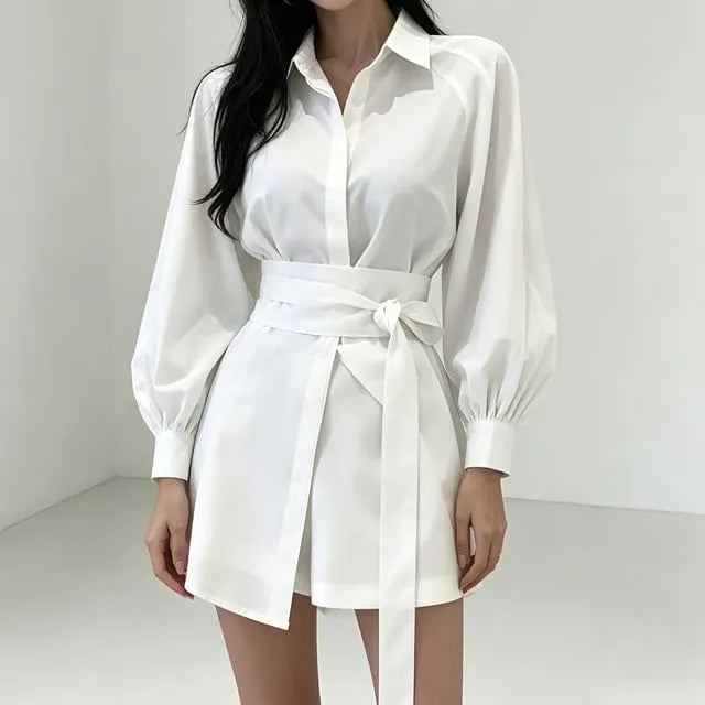 Long-Sleeve Sashed Mini Shirtdress with Shorts
