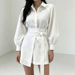 Long-Sleeve Sashed Mini Shirtdress with Shorts