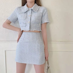 Tweed Short-Sleeve Crop Top / High-Waist Slim-Fit Skirt