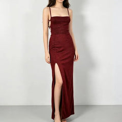 Spaghetti Strap Side-Slit Lace-Up Back Glitter Bodycon Midi Dress