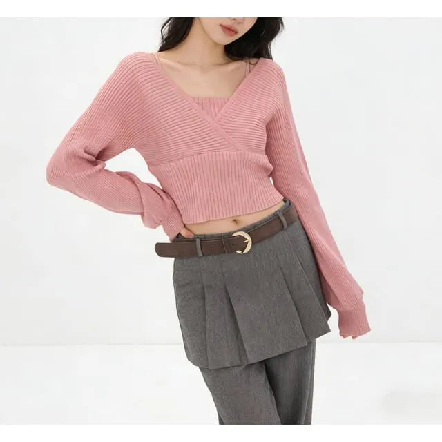Long-Sleeve Mock Two-Piece Ribbed Knit Top
